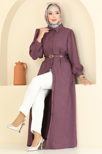 ModaMerve Beli Belt Detailed Sofia Dress 3159Hbs856-Ms Dark Lilac