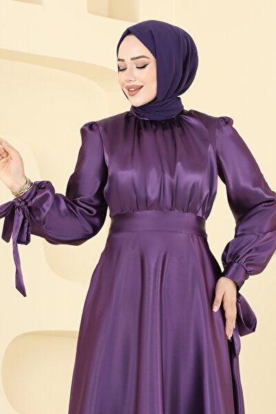 ModaMerve Manşeti Bağcıklı Saten Abiye ASM2746-MS Mor