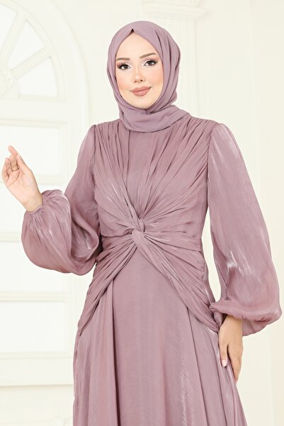 ModaMerve SUAL Önü Drapeli Şifon Abiye 5286D170-MS Pudra