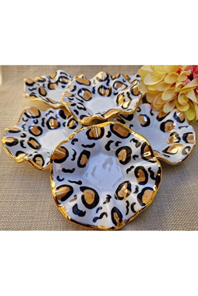 Handmade Esterhomedecor Set of 6 Porcelain Hand-Painted Coffee Side Trays with Leopard Pattern Turkish Delight Tray