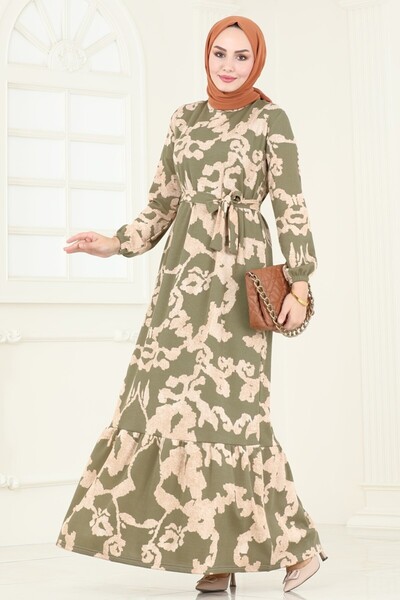 ModaMerve Patterned Dress with Elastic Cuffs 157Bo429-Ms Khaki