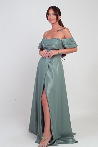 By Saygı Women's Shiny Stone Detailed Strapless Low Sleeves Organza Long Dress