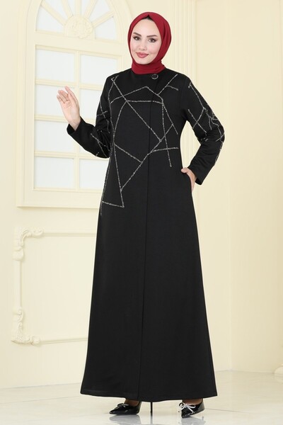 ModaMerve Stone Detailed Stylish Overcoat Ferace 2263Edm718-Ms Black