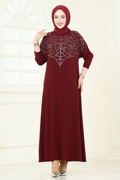 ModaMerve Stone Detail Sandy Dress 3402Uz662-Ms Burgundy
