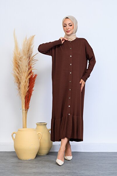 Eliva Women's Brown Sleeve Buttoned Winter Knitwear Dress Hijab Cardigan