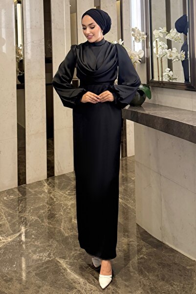 ModaMerve Degaje Yaka Saten Abiye 4550ALG474-MS Siyah