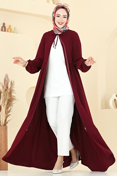ModaMerve Yakası Bağcıklı Krep Ferace 0050BG354-MS Bordo