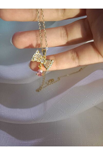 MODA MANANI Gold Color Chain Pink End Dangle Bow Necklace