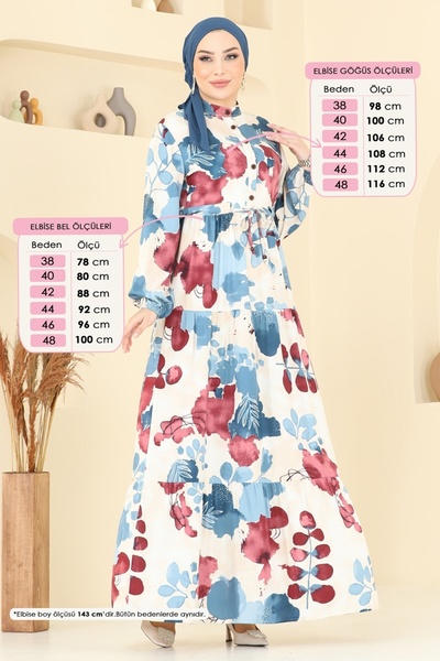 ModaMerve Leaf Patterned Viscose Dress 214Asn888-Ms Petrol