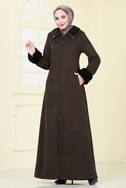 ModaMerve Fur Detailed Overcoat Ferace 2195Edm718-Ms Brown