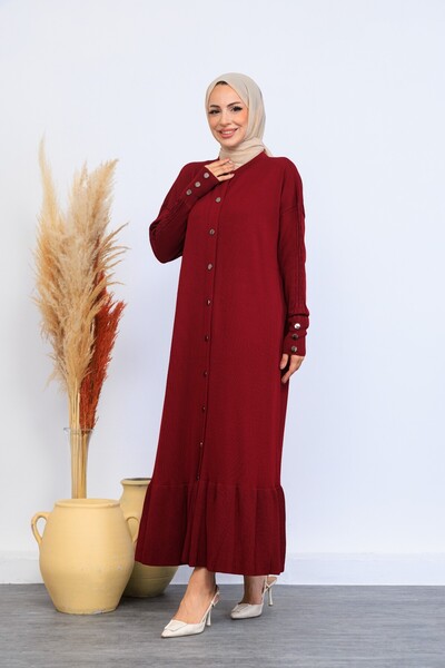 Eliva Women's Burgundy Sleeve Buttoned Winter Knitwear Dress Hijab Cardigan