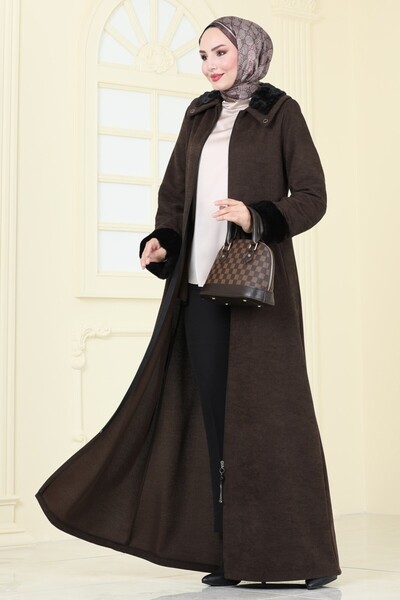 ModaMerve Fur Detailed Overcoat Ferace 2195Edm718-Ms Brown