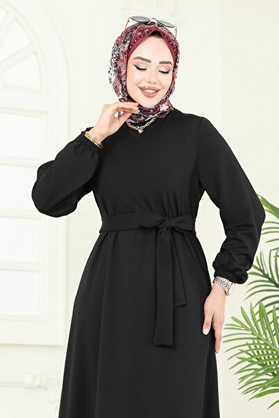ModaMerve Beli Kemerli Mira Elbise 23028UKB139-MS Siyah