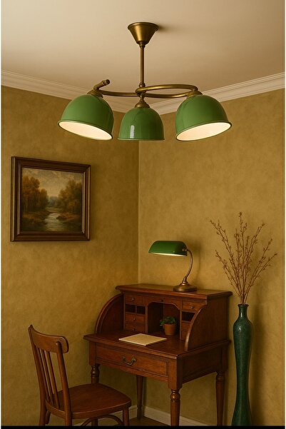 demet habek mylights Metal Mat Gold Eskitme Gövde + Banker Yeşili Başlık E27 Tavan Avize Modern ve Şık Tasarım