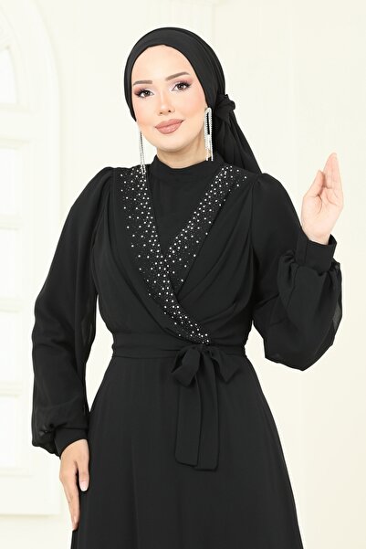 ModaMerve Önü Taşlı Şifon Abiye 2427ANT466-MS Siyah