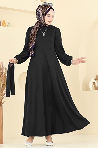 ModaMerve Beli Kuşaklı Elbise 25029UKB139-MS Siyah