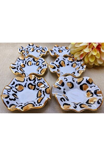 Handmade Esterhomedecor Set of 6 Porcelain Hand-Painted Coffee Side Trays with Leopard Pattern Turkish Delight Tray