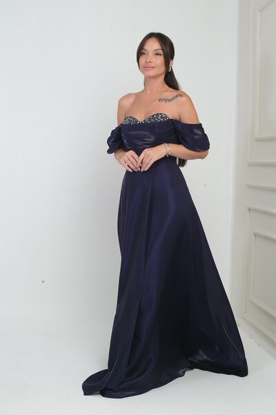 By Saygı Women's Shiny Stone Detailed Strapless Low Sleeves Organza Long Dress