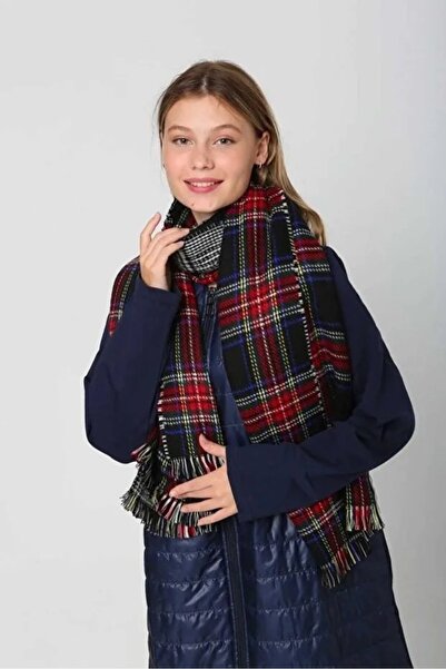 awix Eșarfă cu model în carouri cu două fețe, șal de umăr, bleumarin