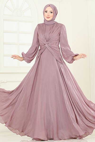 ModaMerve SUAL Önü Drapeli Şifon Abiye 5286D170-MS Pudra