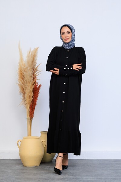 Eliva Women's Black Buttoned Winter Knitwear Dress Hijab Cardigan