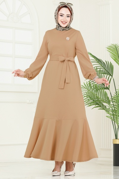 ModaMerve Mira Dress with Belt 23028Ukb139-Ms Latte