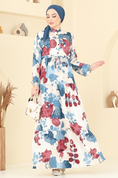 ModaMerve Leaf Patterned Viscose Dress 214Asn888-Ms Petrol