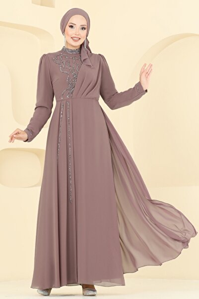 ModaMerve Taş Detaylı Şifon Abiye 8019AB368-MS Pudra Vizyon