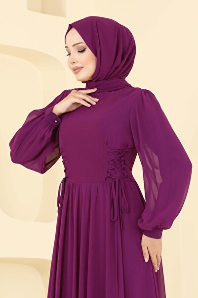 ModaMerve Beli Bağcık Detay Şifon Abiye 6238BSK463-MS Mürdüm