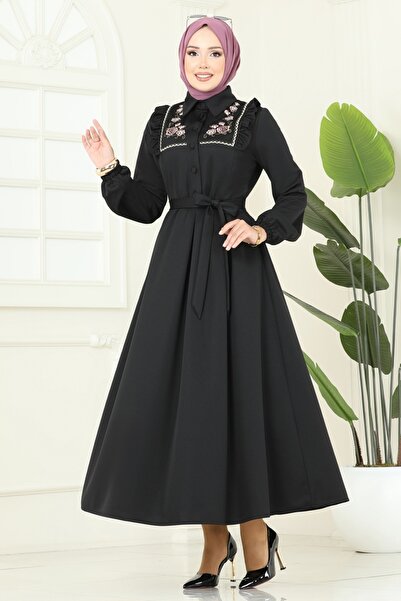 ModaMerve Floral Embroidered Dabıl Dress 2725Sl432-Ms Black