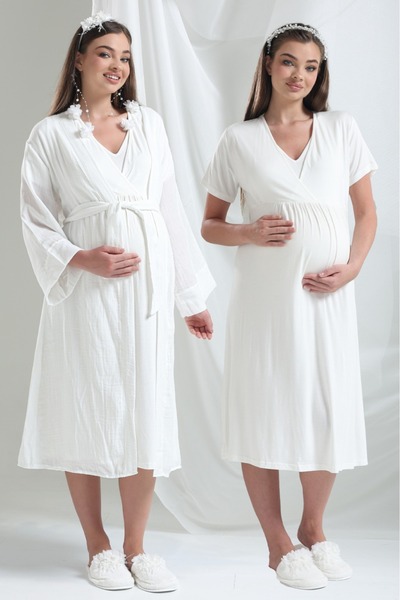 Lohusa Homewear Ekru Keten Özel Tasarım Kruvaze Yaka %100 Pamuk Yazlık Hamile...