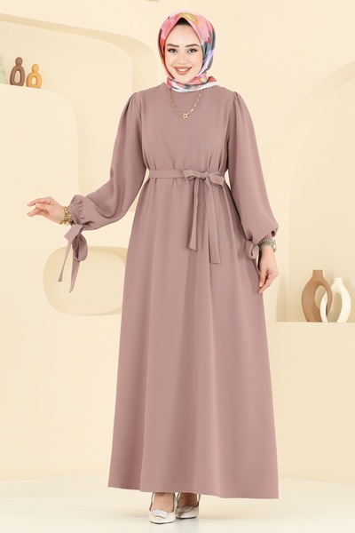 ModaMerve Manşeti Bağcıklı Tesettür Elbise 7121BG354-MS Vizyon