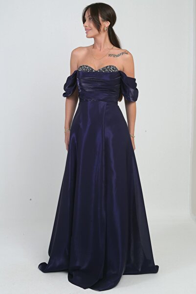 By Saygı Women's Shiny Stone Detailed Strapless Low Sleeves Organza Long Dress