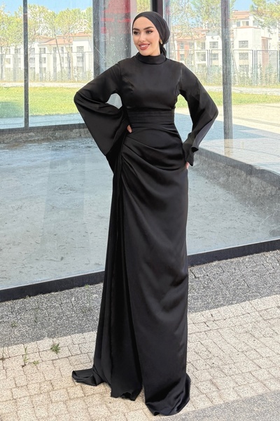 ModaMerve Kemeri Pelerinli Saten Abiye 4623ALG474-MS Siyah