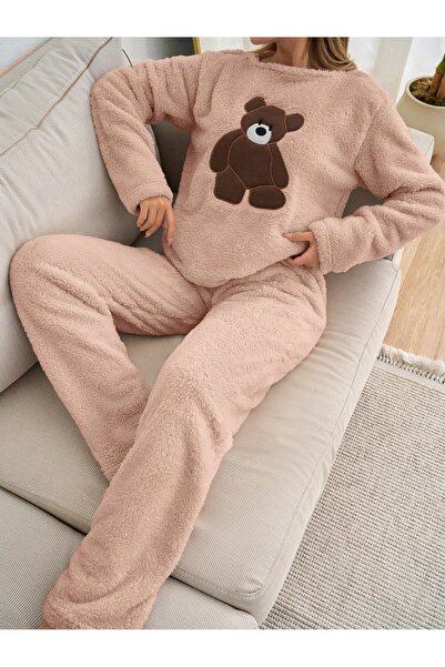 STEEL Rahat Kalıp Ayıcık Aplike Detaylı Uzun Kollu Peluş Polar Pijama Takımı