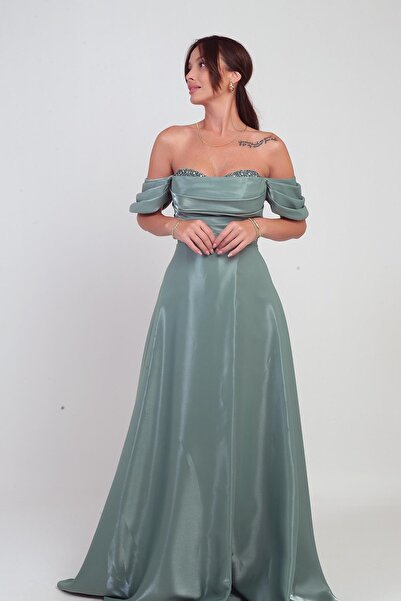 By Saygı Women's Shiny Stone Detailed Strapless Low Sleeves Organza Long Dress