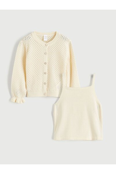 LC Waikiki Girl's Openwork Knitwear Tank Top and Cardigan