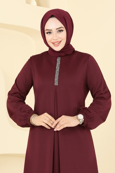 ModaMerve A Pileli Mira Elbise ASM2824-MS Bordo