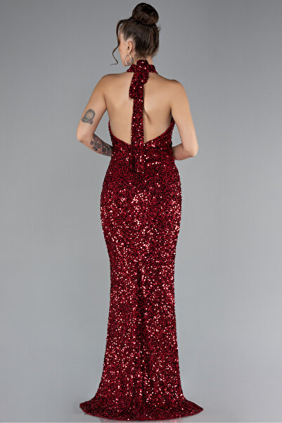 Abiyefon Bordo Boyundan Bağlamalı Yırtmaçlı Uzun Pullu Balık Abiye ABU4306