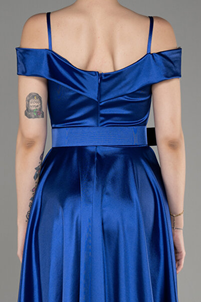 Abiyefon Saks Mavi Kemerli Midi Saten Davet Elbisesi ABK2080