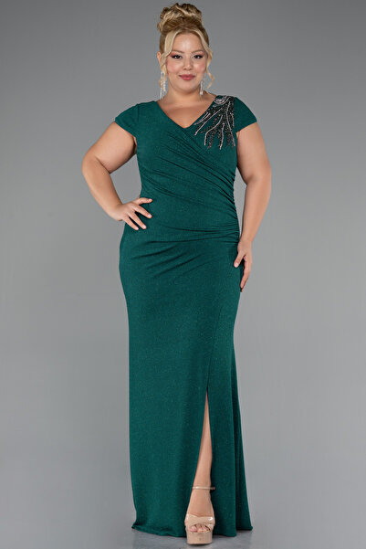 Abiyefon Zümrüt Yeşili Kısa Kol Uzun Simli Büyük Beden Abiye ABU5317