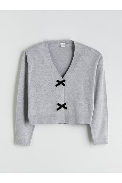 LC Waikiki Lcw Kids Gray V-Neck Bow Detail Girls' Knitwear Cardigan