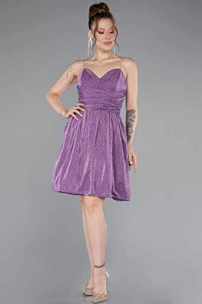 Abiyefon Lila Straplez Kısa Simli Davet Elbisesi ABK2349