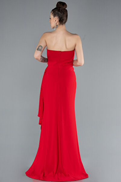 Abiyefon Kırmızı Straplez Yırtmaçlı Uzun Krep Balık Abiye ABU4666