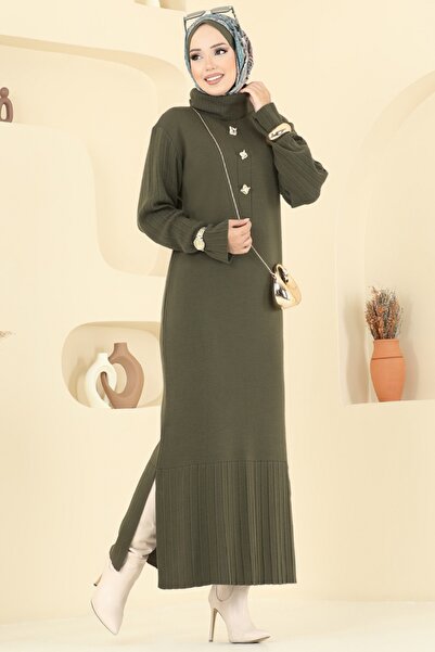 ModaMerve Accessory Buttoned Knitwear Dress 8362Kl398-Ms Khaki