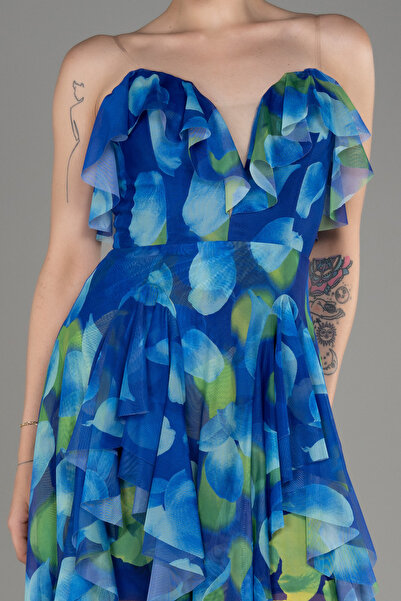 Abiyefon Saks Mavi Straplez Bacak Dekolteli Uzun Empirme Abiye ABU3975