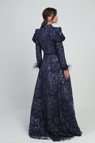 By Saygı Women's Long Dress with Feathered Sleeves, Beaded Sequins, and Detailed Lining
