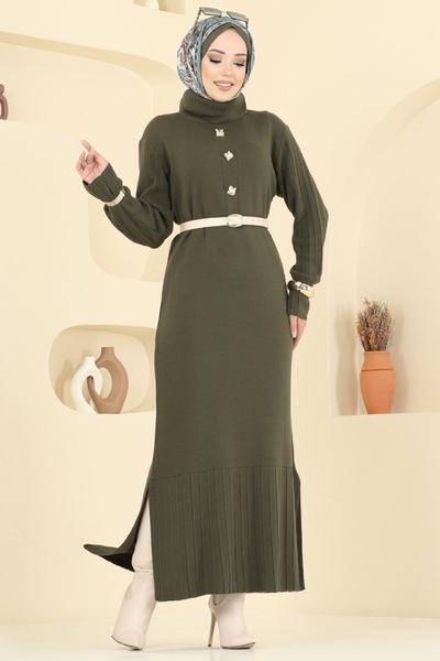 ModaMerve Accessory Buttoned Knitwear Dress 8362Kl398-Ms Khaki