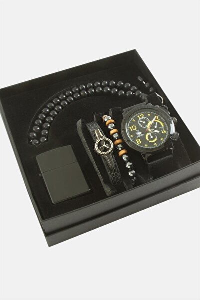 Genel Markalar Kayışlı Kol Saati Tesbih Bileklik Ve Çakmak Kutulu Set