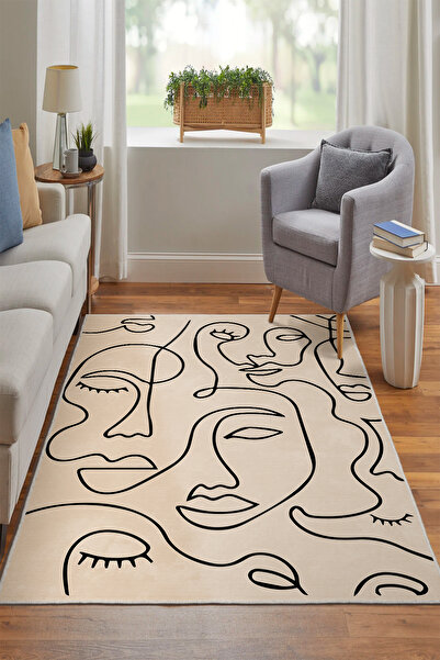 Emiroğlu Krem Zemin Yüzlü Motif Kaymaz Taban Salon ve Oda Halısı – Yıkanabilir, Şık ve Konforlu Tasarım